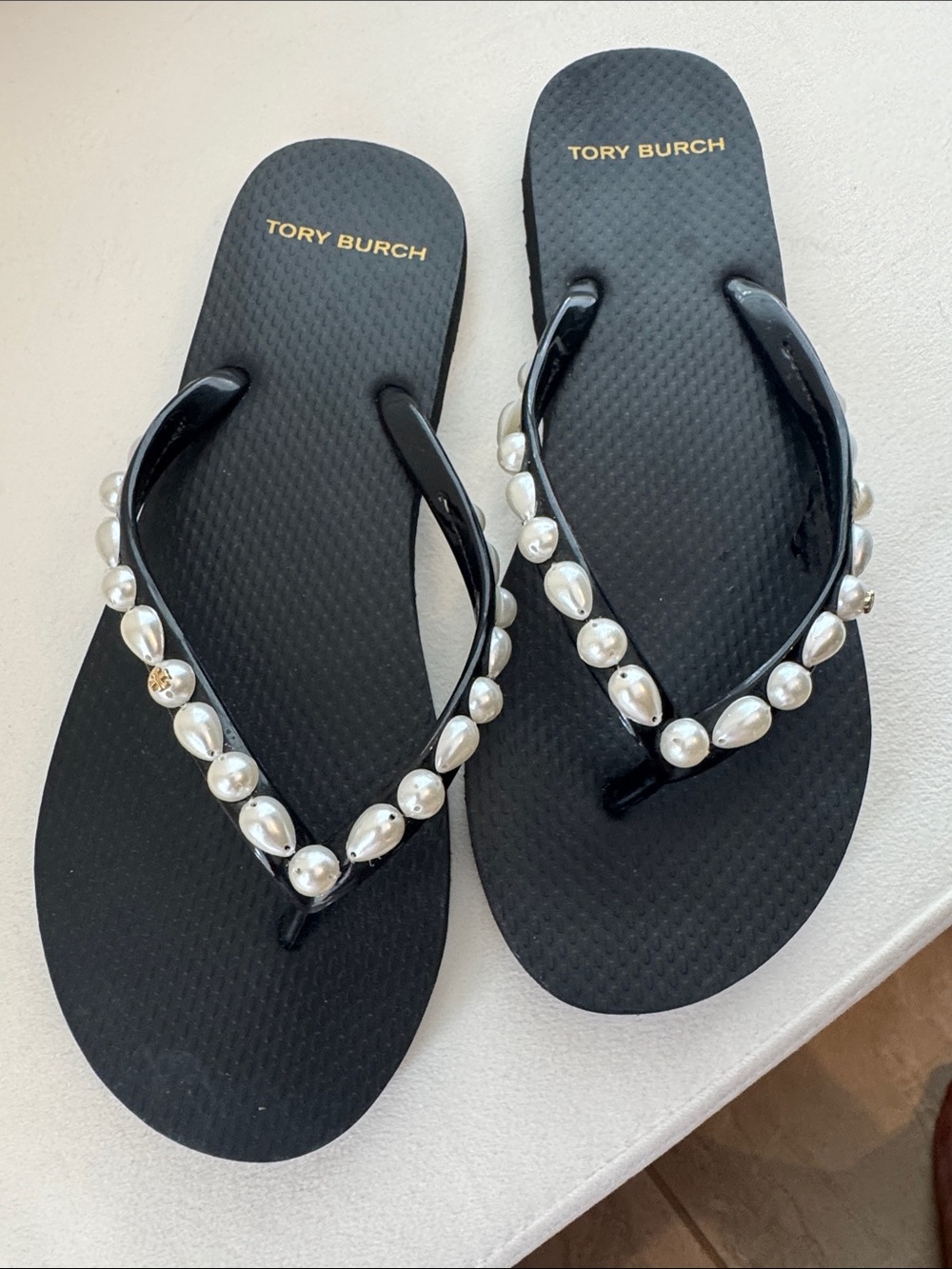 Tory Burch Black pearl embellished flip-flops size 8-chic summer sandals